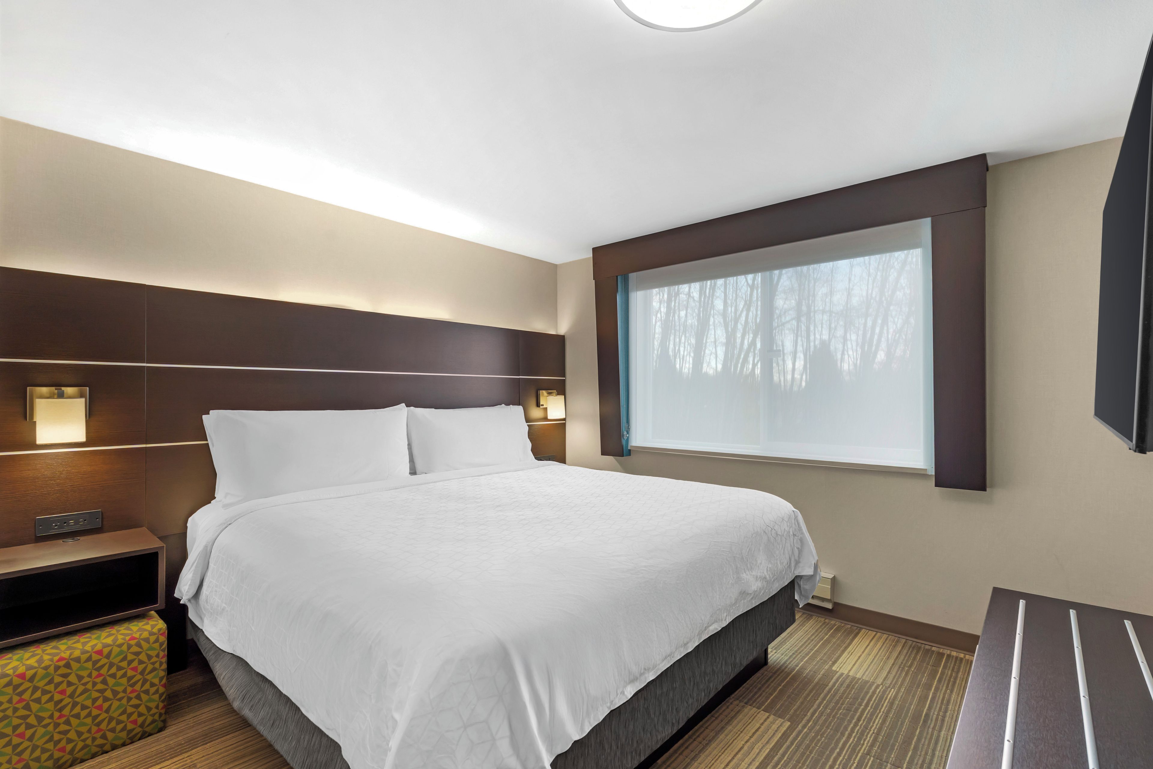 A hotel room with a large bed, bedside tables, a window with a view, and a flat-screen TV.