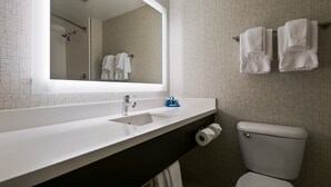 Ein modernes Badezimmer mit Waschbecken, Spiegel und Toilette.
