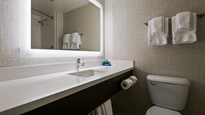 Un bagno moderno con lavandino bianco, uno specchio e un water.