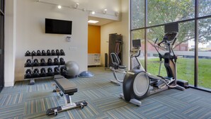 Ein Fitnessraum mit Trainingsgeräten, einem Fernseher und einem großen Fenster mit Blick auf Bäume.