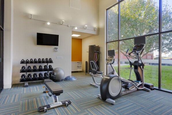 A gym with exercise equipment, a TV, and a large window with a view of trees. - Holiday Inn Express Hotel & Suites Harrison by IHG (Harrison)