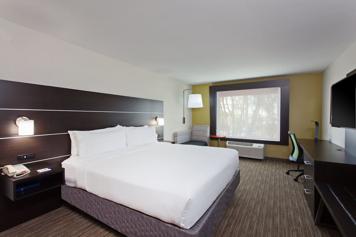 Una habitación de hotel con una cama grande, una mesita de noche con un teléfono, una silla, un escritorio con una computadora y una ventana con vistas a árboles.