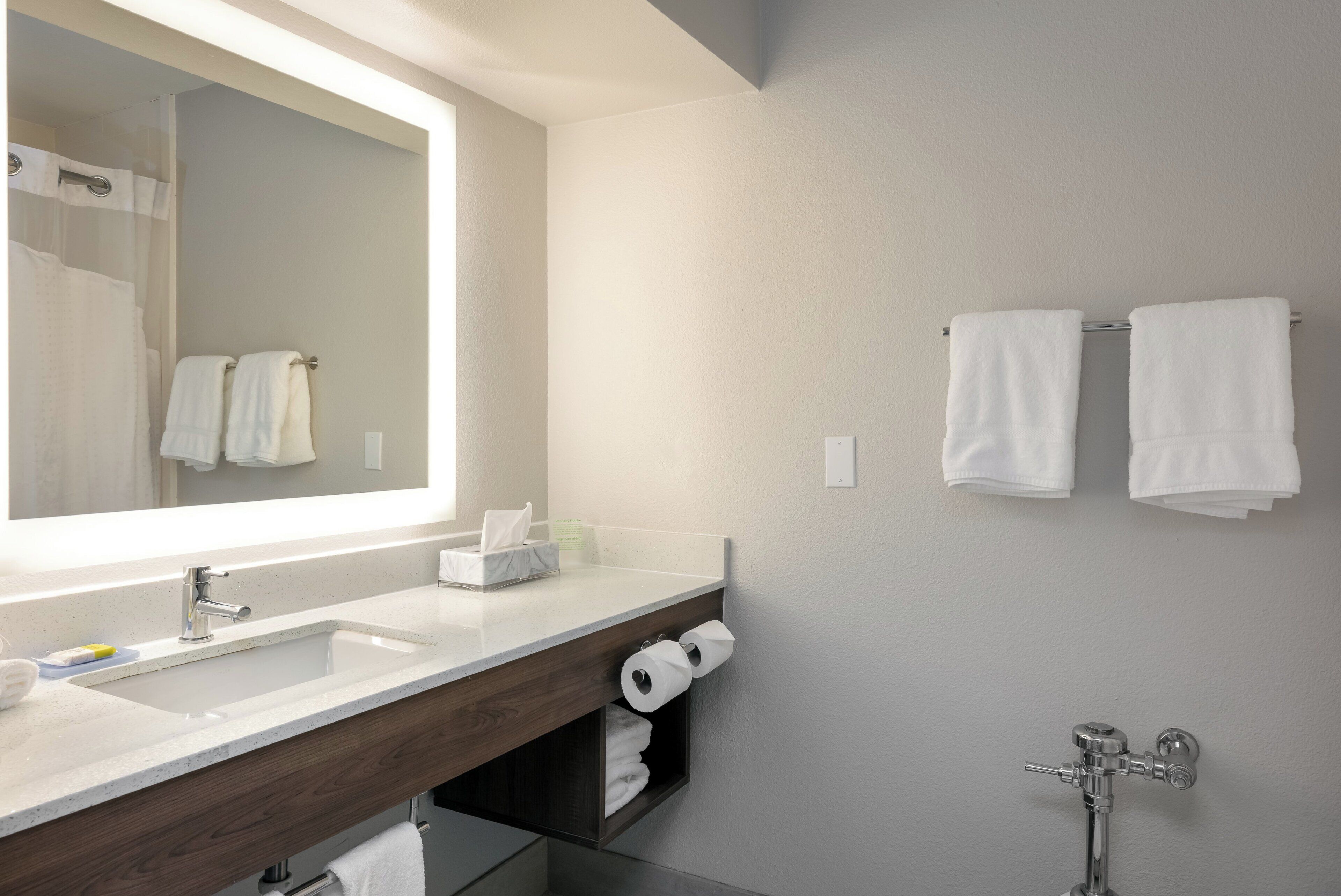 A modern bathroom with a large mirror, a sink, a towel rack, and a toilet paper dispenser.