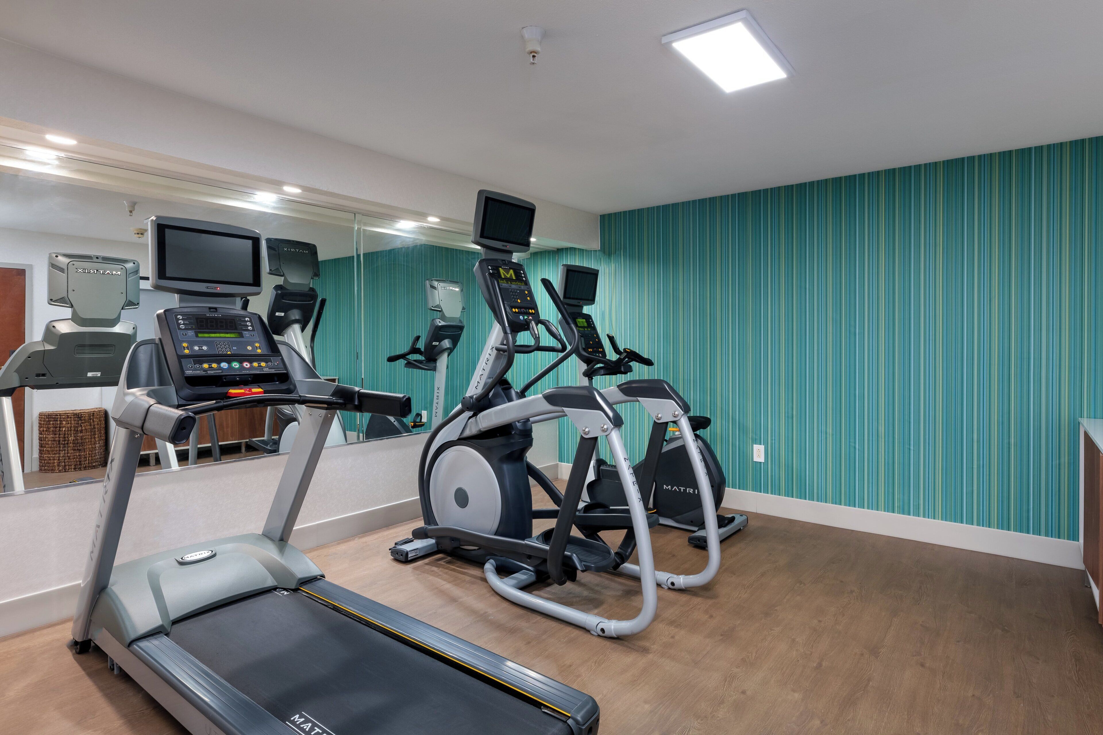 Un gimnasio con cintas de correr, elípticas y un espejo grande.