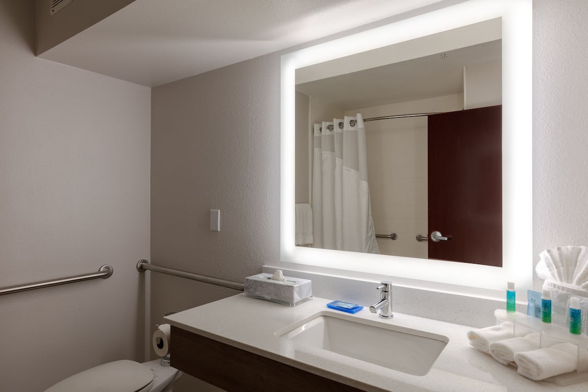 Combined shower/tub, free toiletries, hair dryer, towels