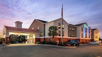 A hotel with a clear entrance, a flagpole, and a Holiday Inn Express sign.