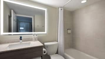 Combined shower/bathtub, eco-friendly toiletries, hair dryer, towels