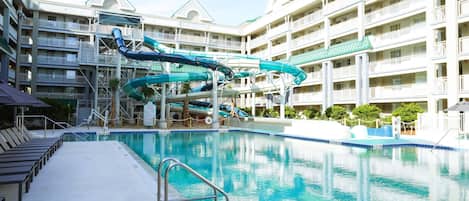 2 outdoor pools, a heated pool, open 9 AM to 9 PM, cabanas (surcharge)