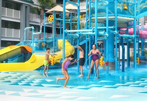 A water park with slides and water features.