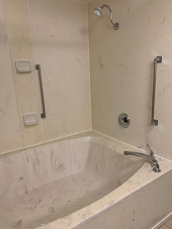 Um banheiro moderno com banheira de pedestal, barras de apoio e chuveiro manual.