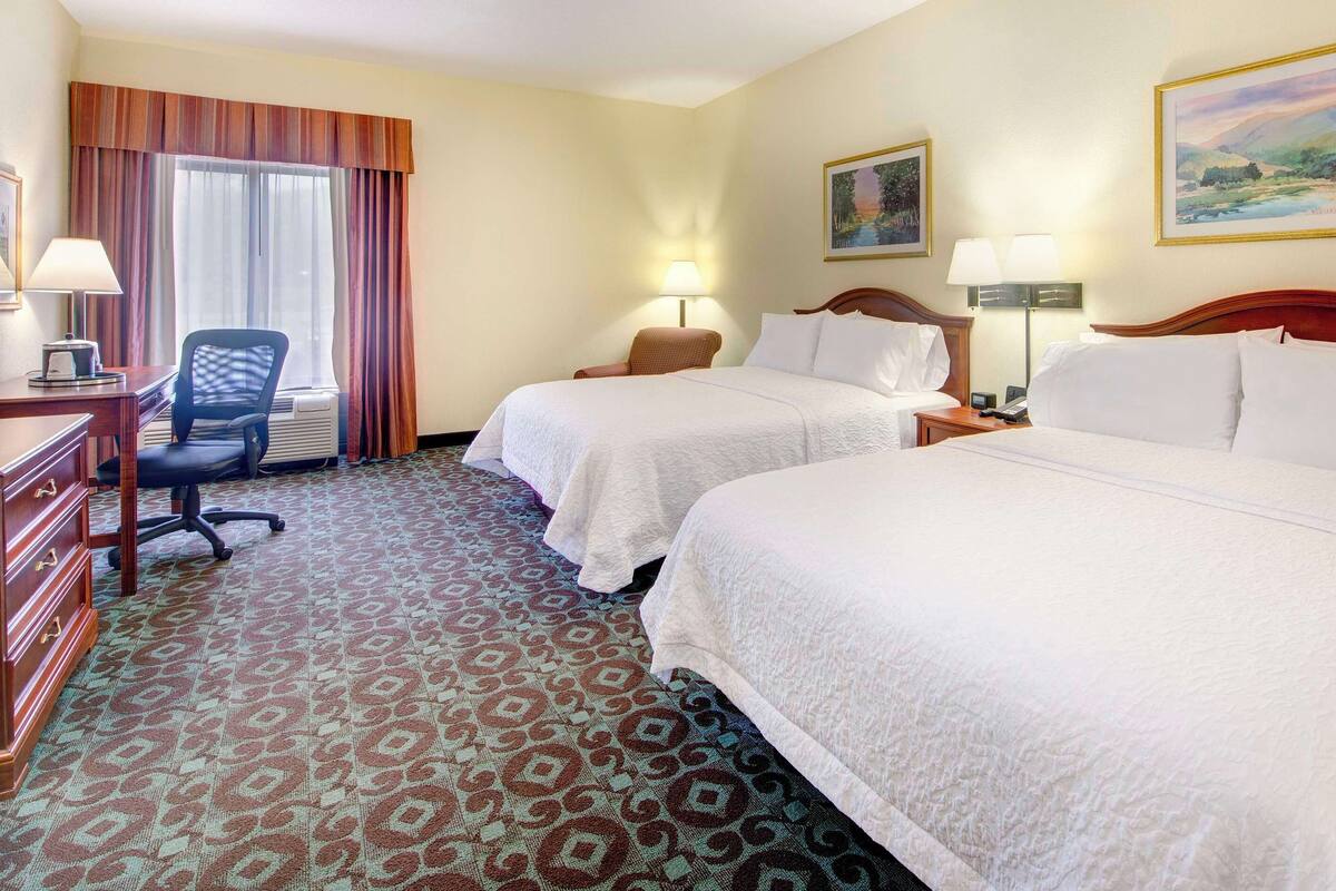 A hotel room with two beds, a desk with a chair, a TV, and a patterned carpet.