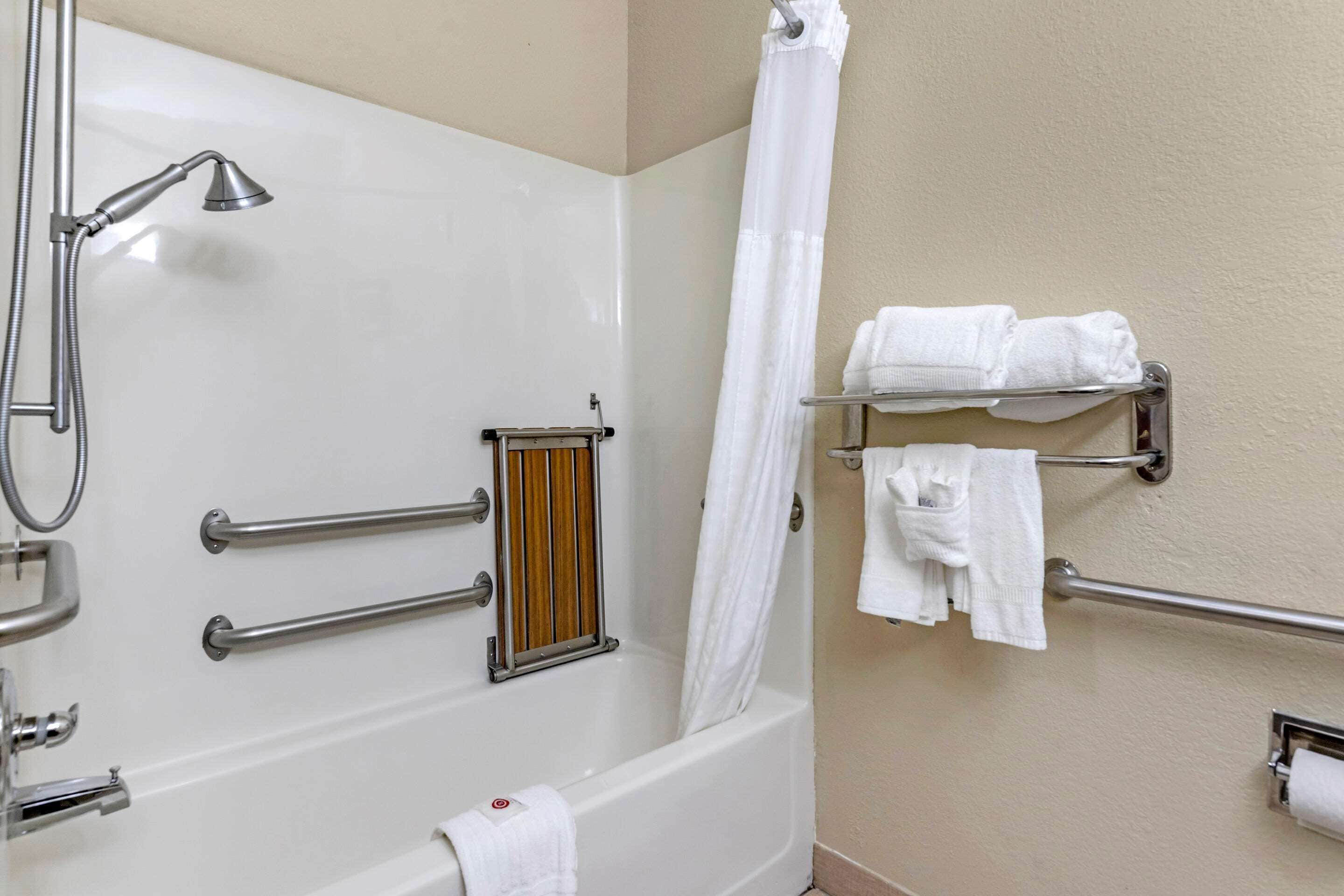 combined shower/bathtub, designer toiletries, hair dryer, towels