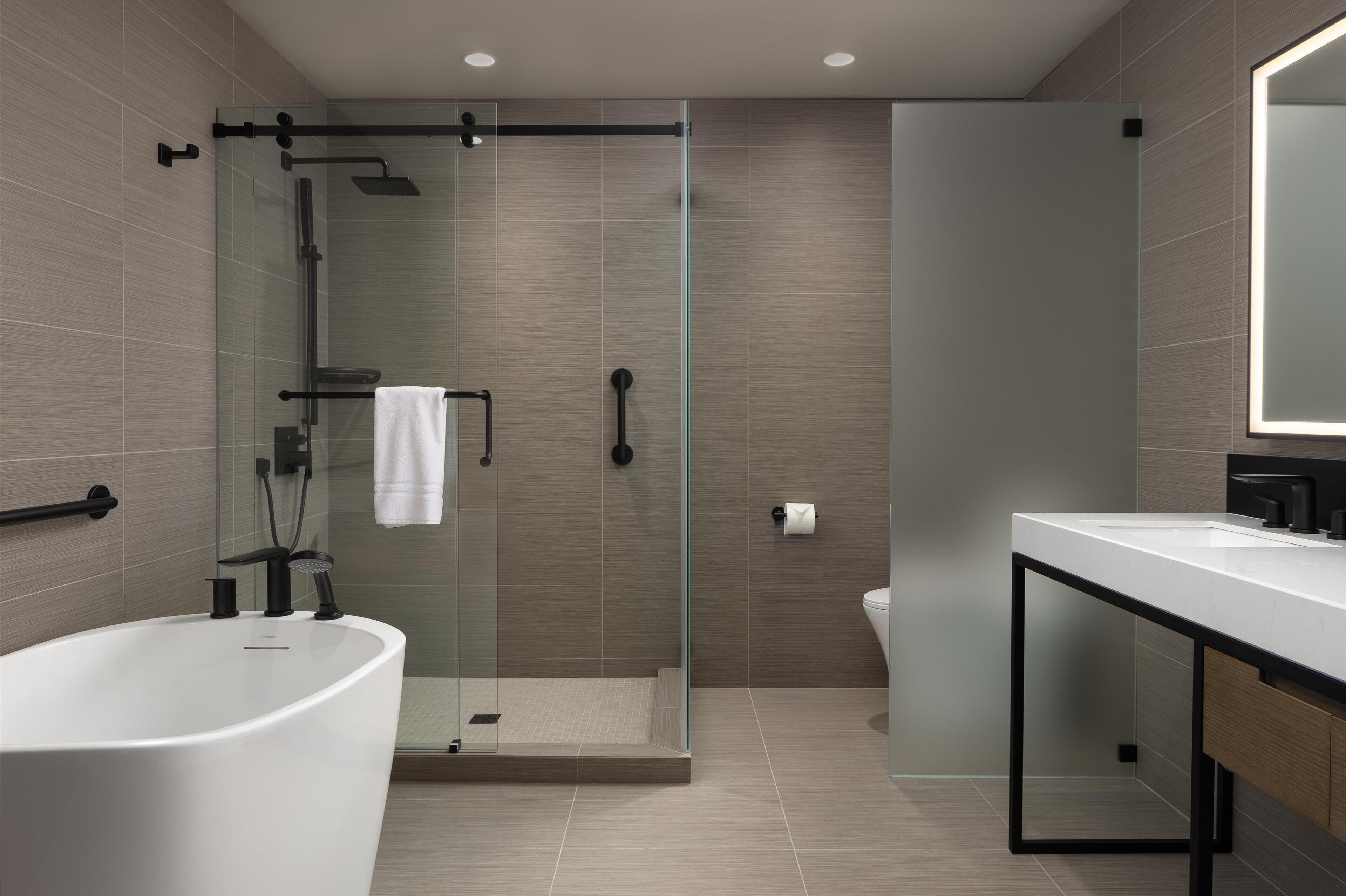 Eco-friendly toiletries, hair dryer, towels, soap