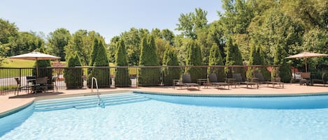 Una piscina con sillas de descanso y sombrillas, rodeada de árboles.