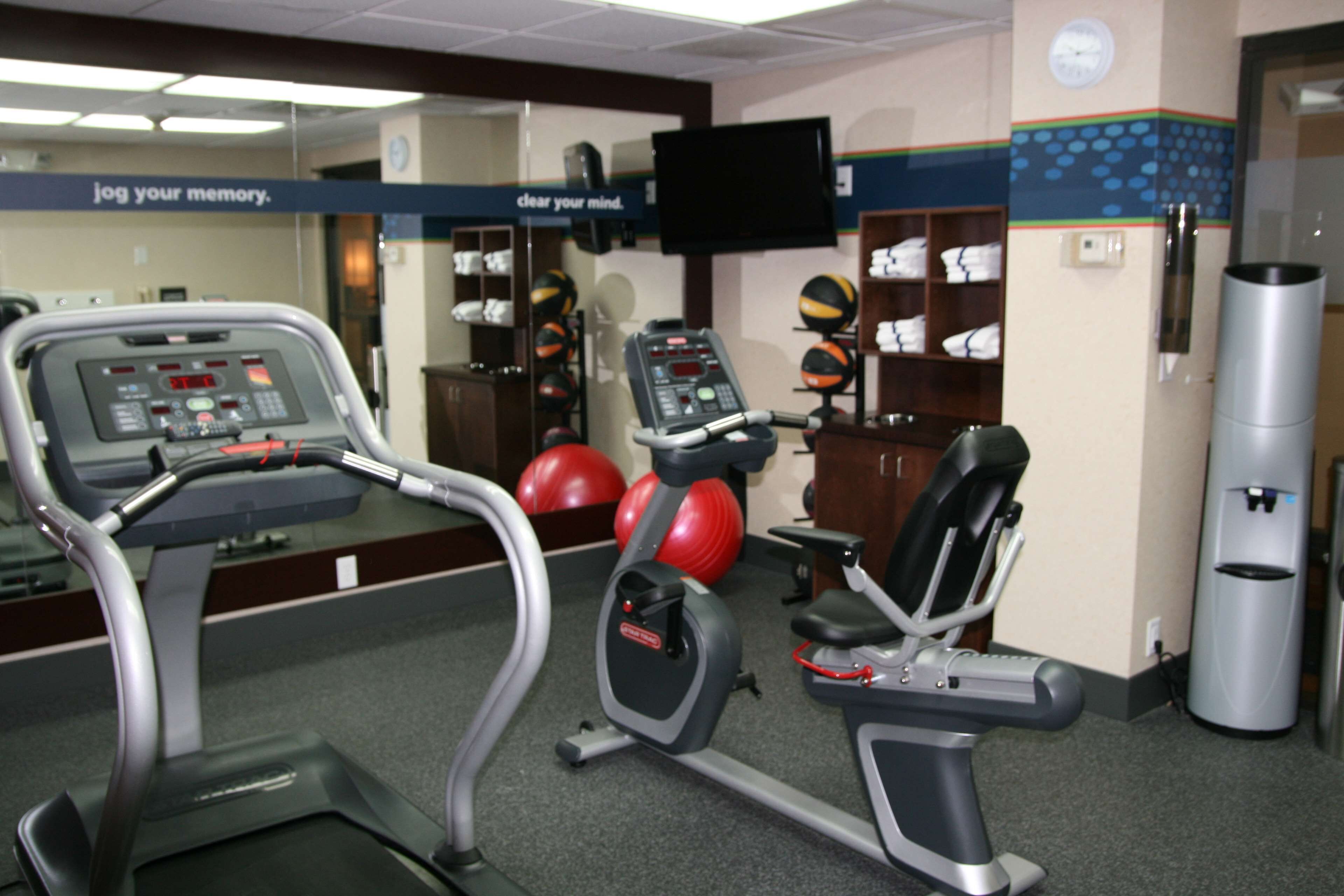 Une salle de sport équipée de tapis de course, de vélos d’appartement et de ballons d’exercice.