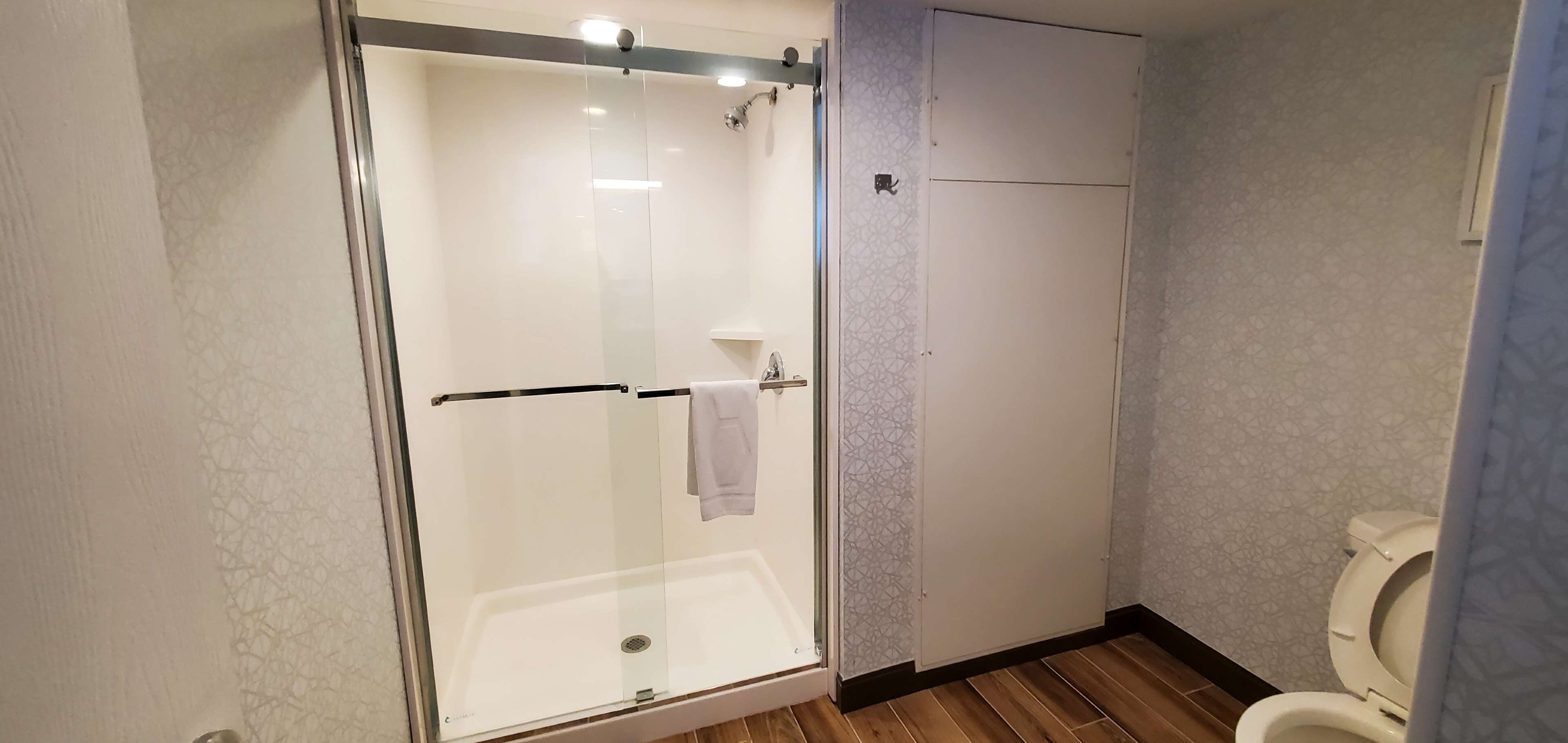 Un baño con ducha envuelta en vidrio, inodoro y perchero.