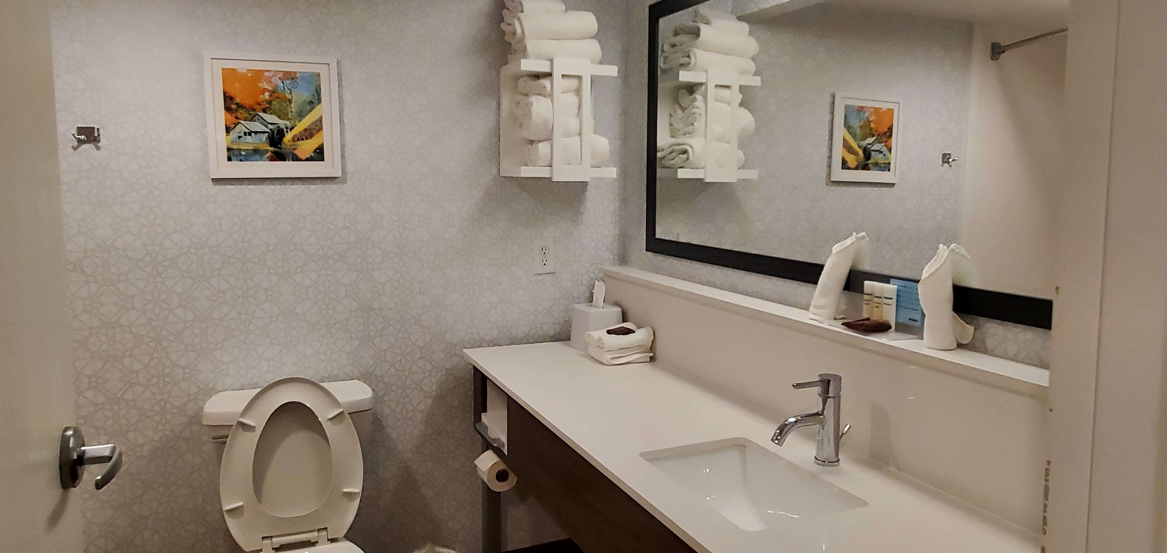 Un baño moderno con inodoro, lavamanos y un espejo grande. Hay toallas y artículos de aseo en la encimera.