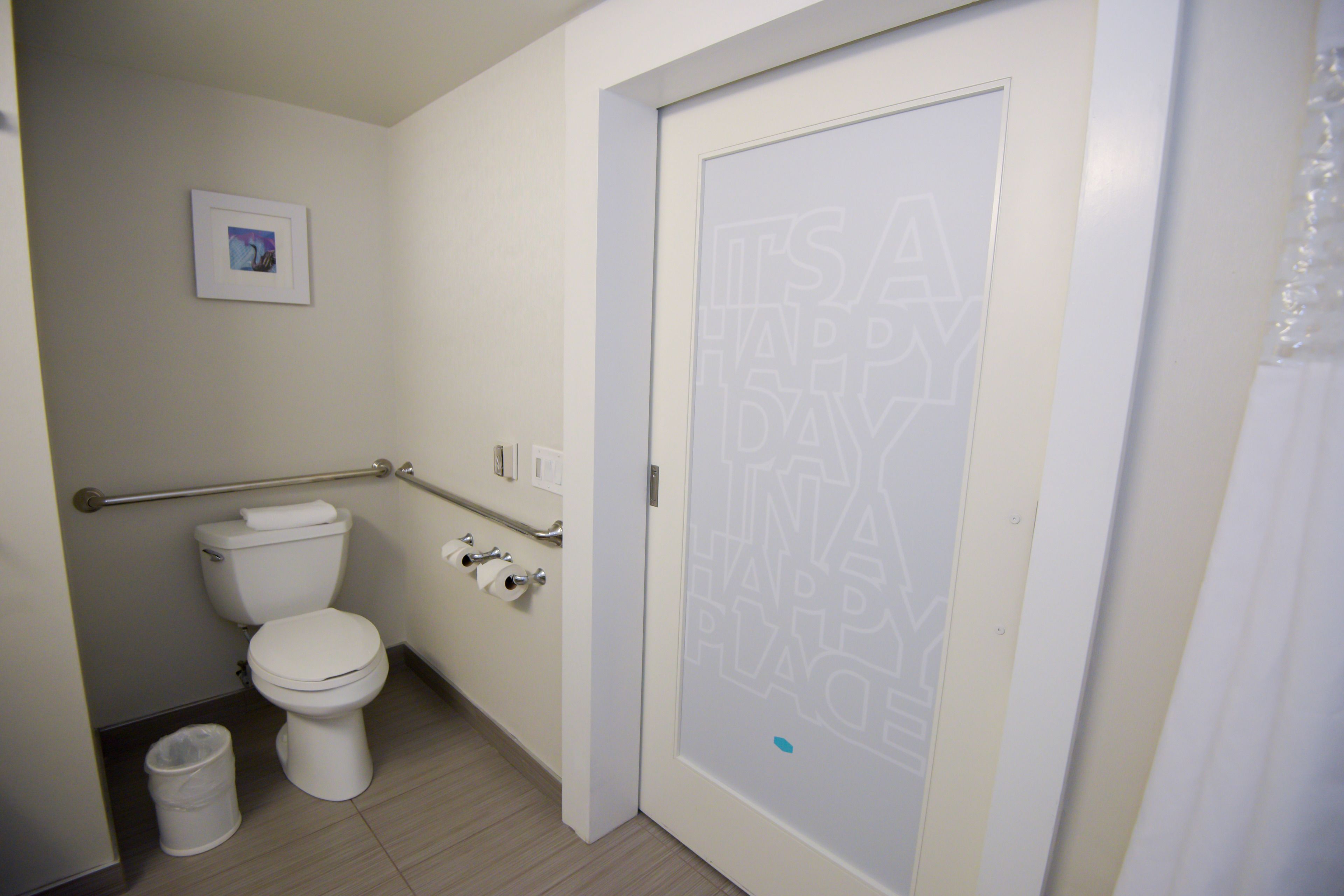 Une salle de bain équipée de toilettes, d’une barre d’appui, d’une poubelle et d’une porte à motifs dépolis.