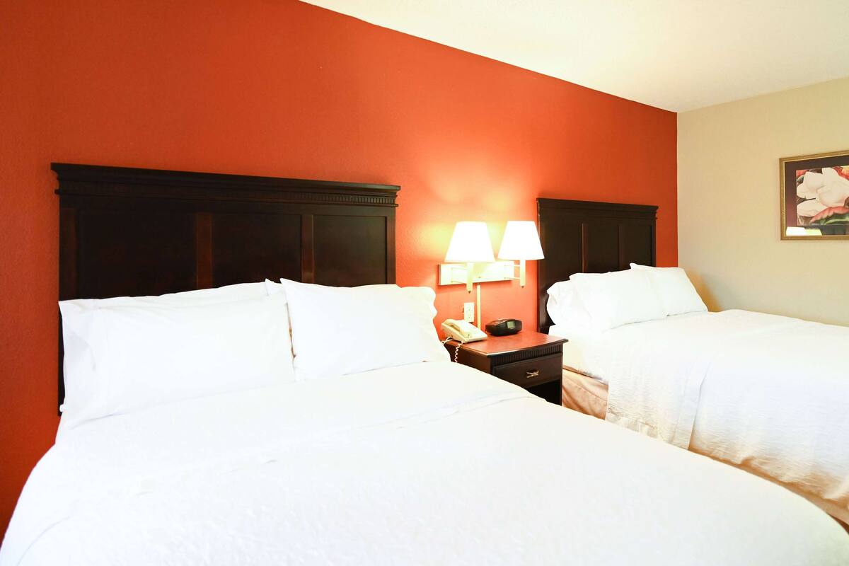 A hotel room with two beds, a nightstand with a lamp, and a painting on the wall.