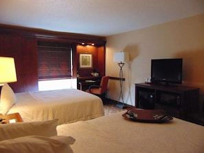 Desk, blackout curtains, iron/ironing board, bed sheets