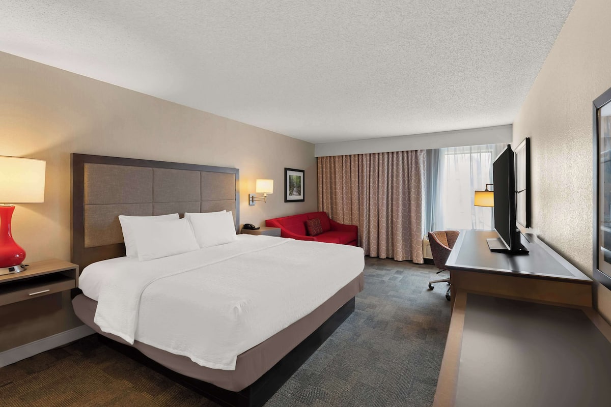 A hotel room with a large bed, a desk, a red chair, and a TV.
