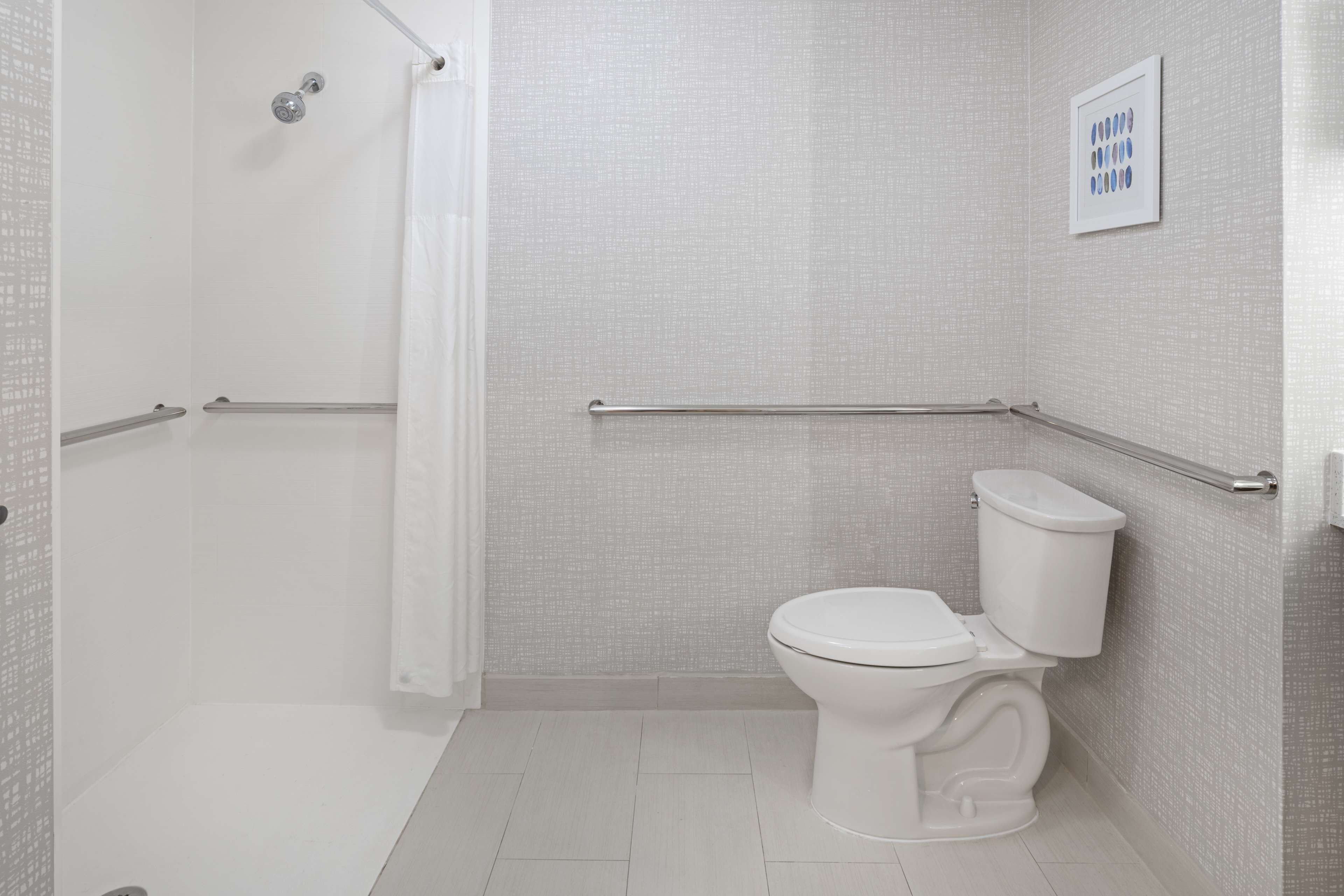 Un baño moderno con ducha, inodoro y barras de apoyo.