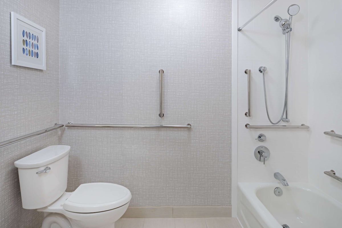 A bathroom with a toilet, a shower with grab bars, and a framed picture on the wall.