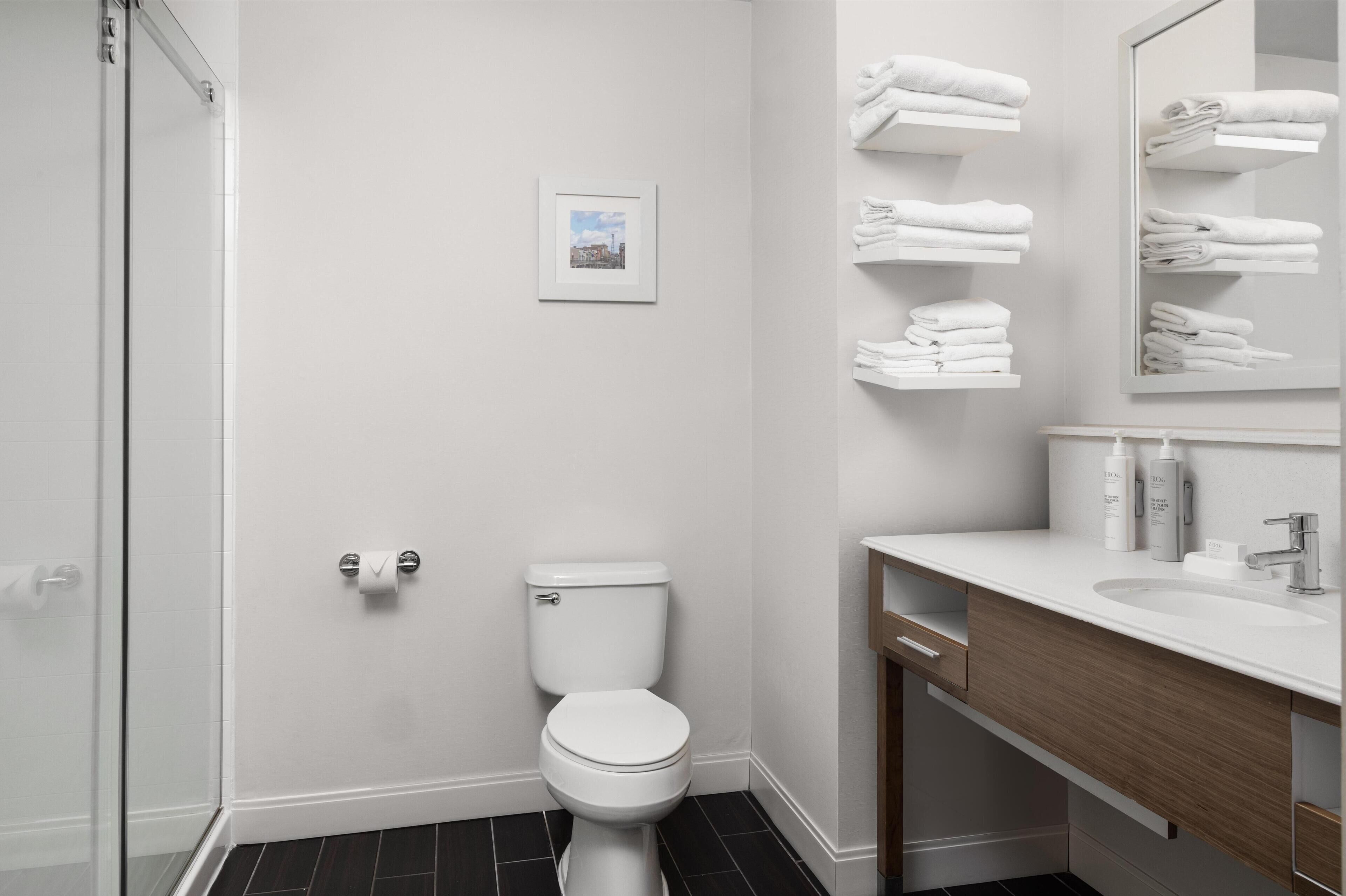 Un baño con inodoro, ducha, lavabo y espejo.