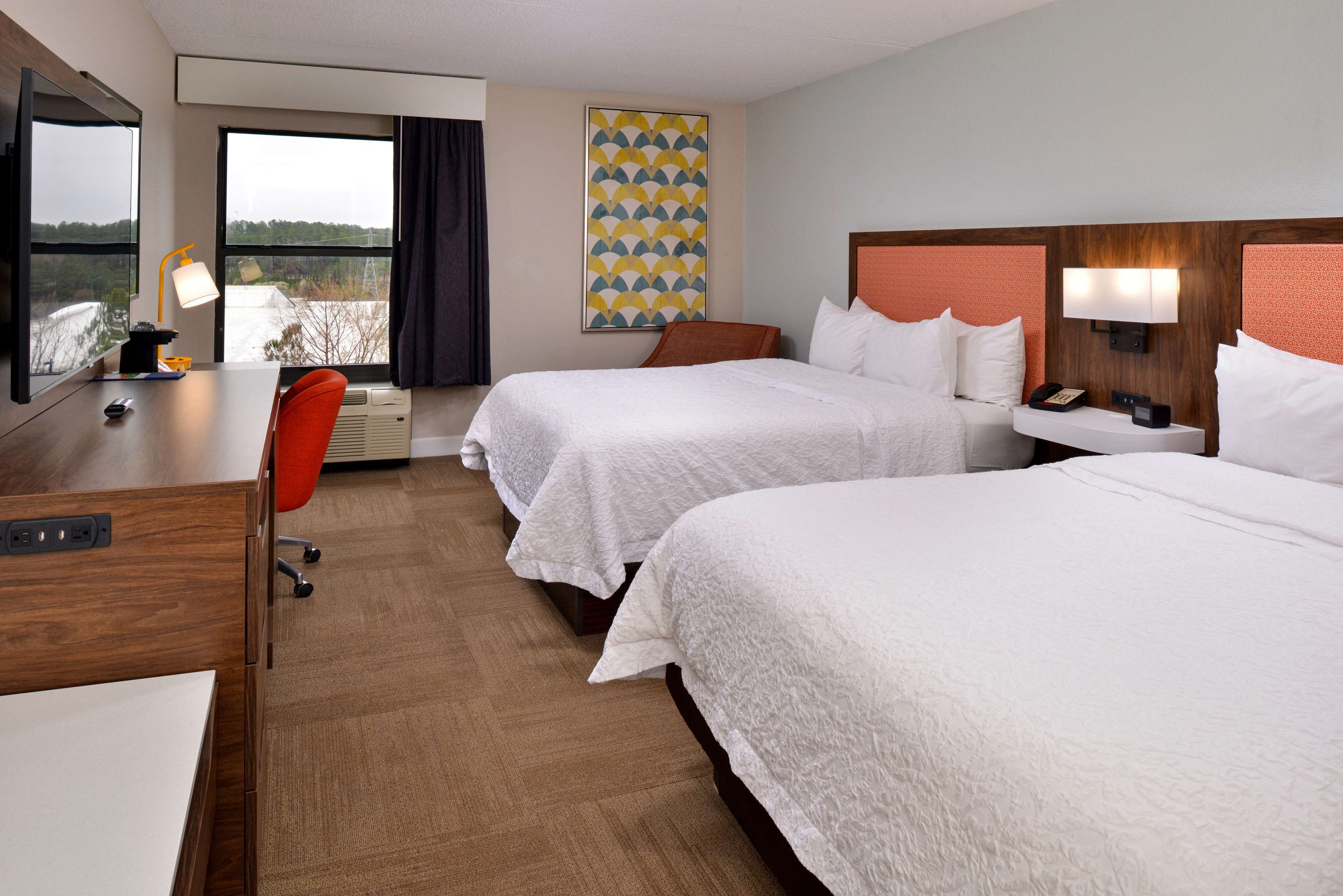 two double beds non smoking | desk, laptop workspace, blackout curtains, iron/ironing board