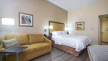 A hotel room with a sofa, a bed, a nightstand, a lamp, and a chair.