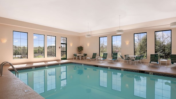 A swimming pool with clear blue water, surrounded by large windows offering views of trees and a clear sky.