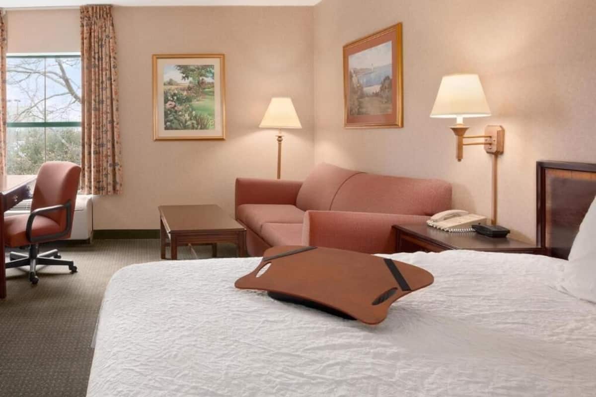 Premium bedding, desk, blackout drapes, iron/ironing board