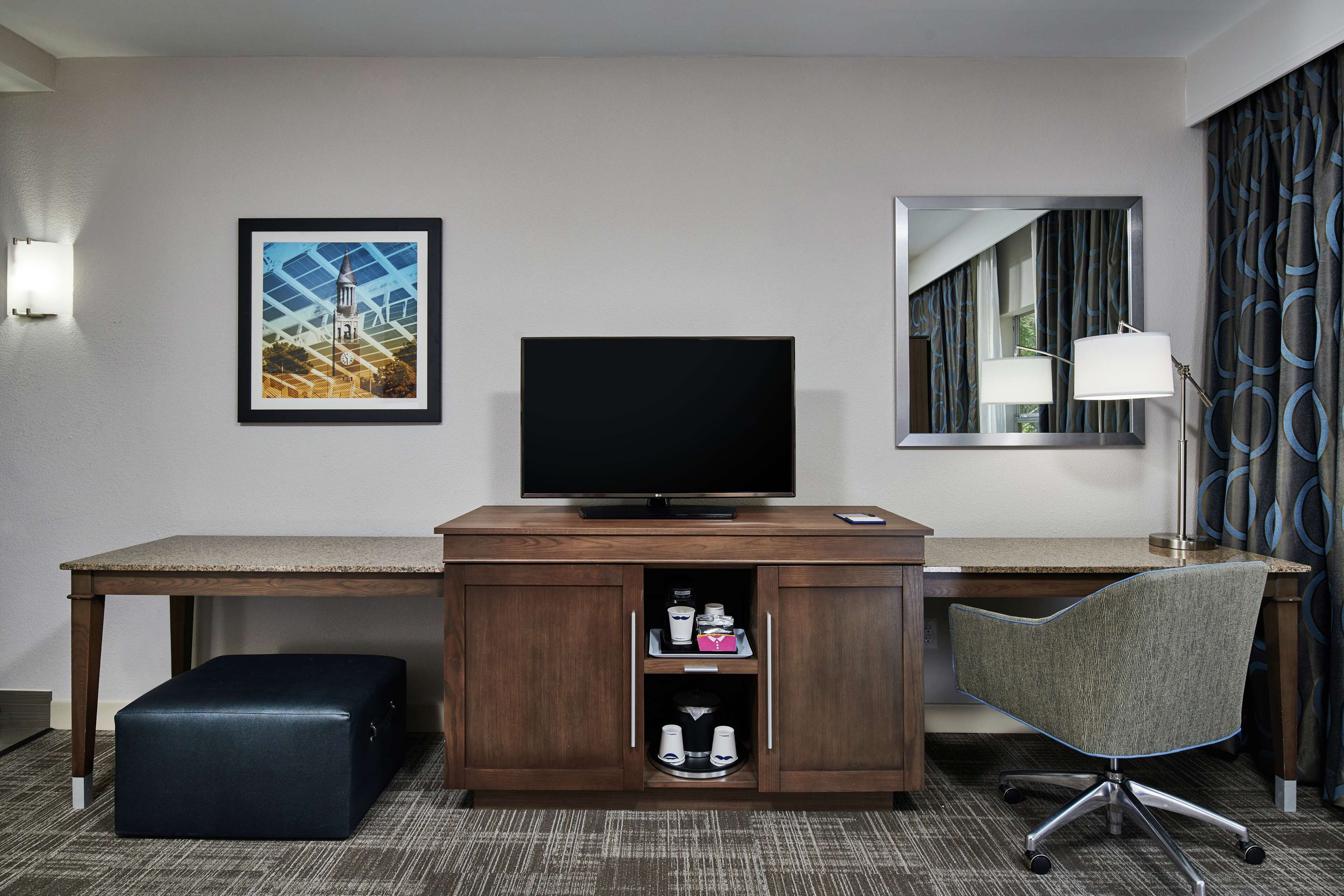 premium bedding, select comfort beds, desk, blackout curtains