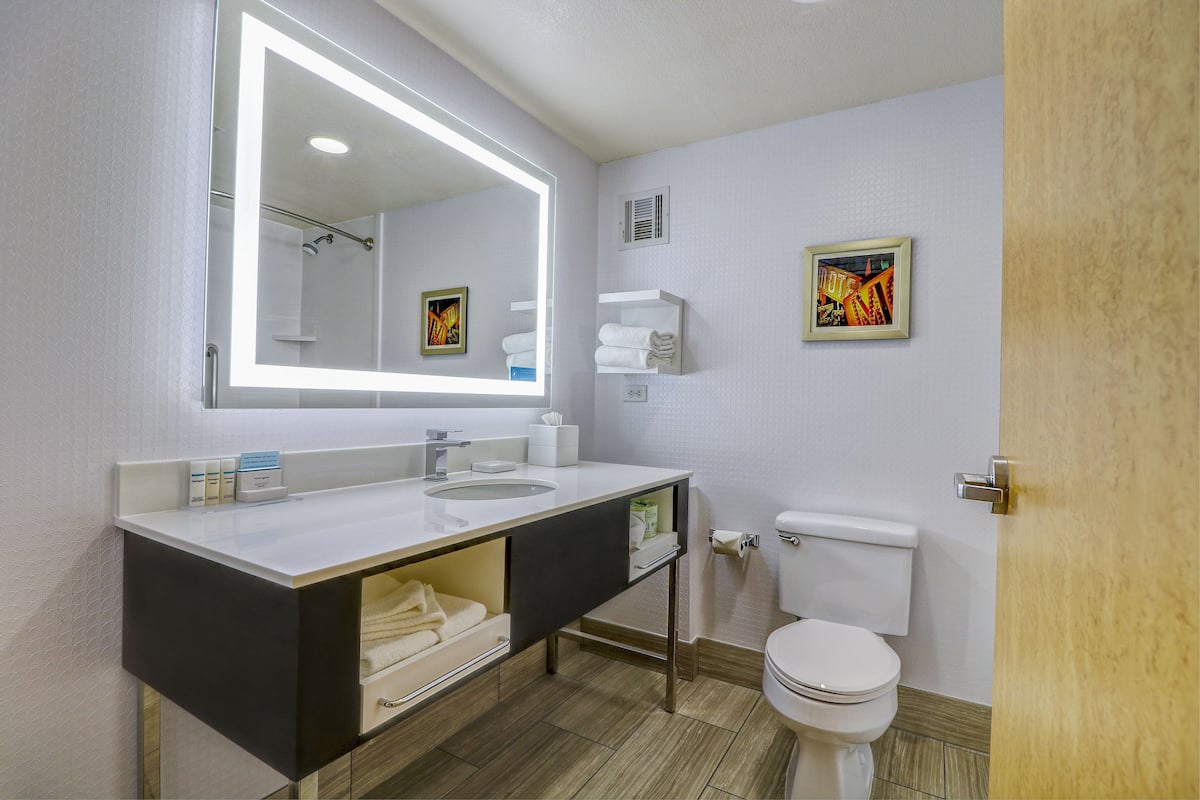 hydromassage showerhead, free toiletries, hair dryer, towels