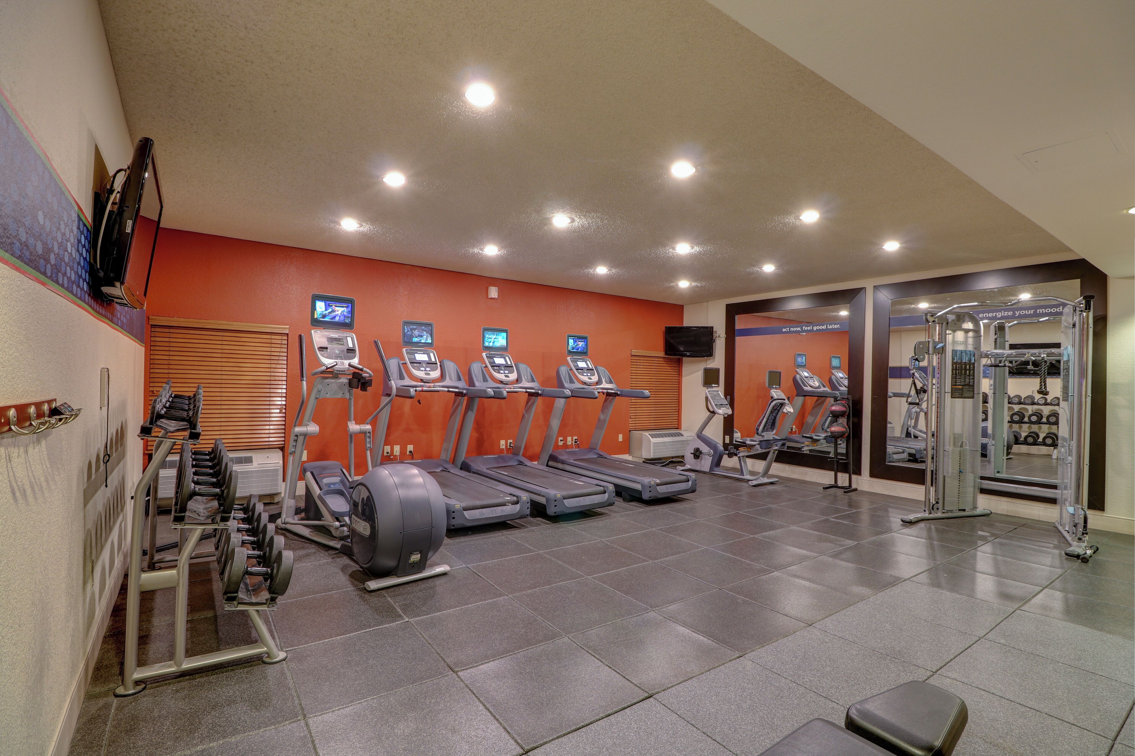 Ein Fitnessstudio mit Laufbändern, Krafttrainingsgeräten und einer Spiegelwand.