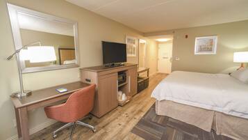 A hotel room with a bed, desk, chair, television, and a mirror.