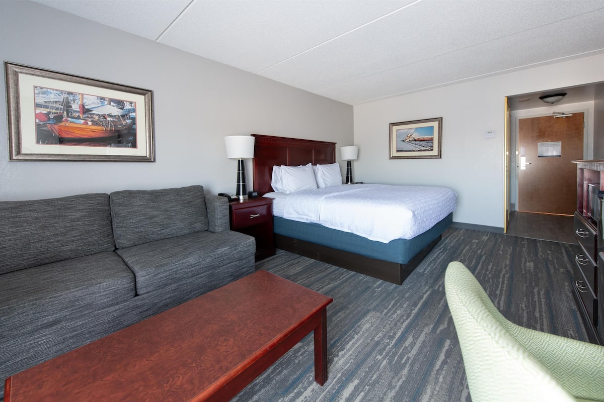Une chambre d’hôtel avec un lit, un canapé, un bureau et une chaise.