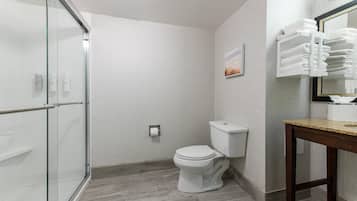 Baño con cabina de ducha de vidrio, inodoro, lavamanos con espejo y perchero para toallas.