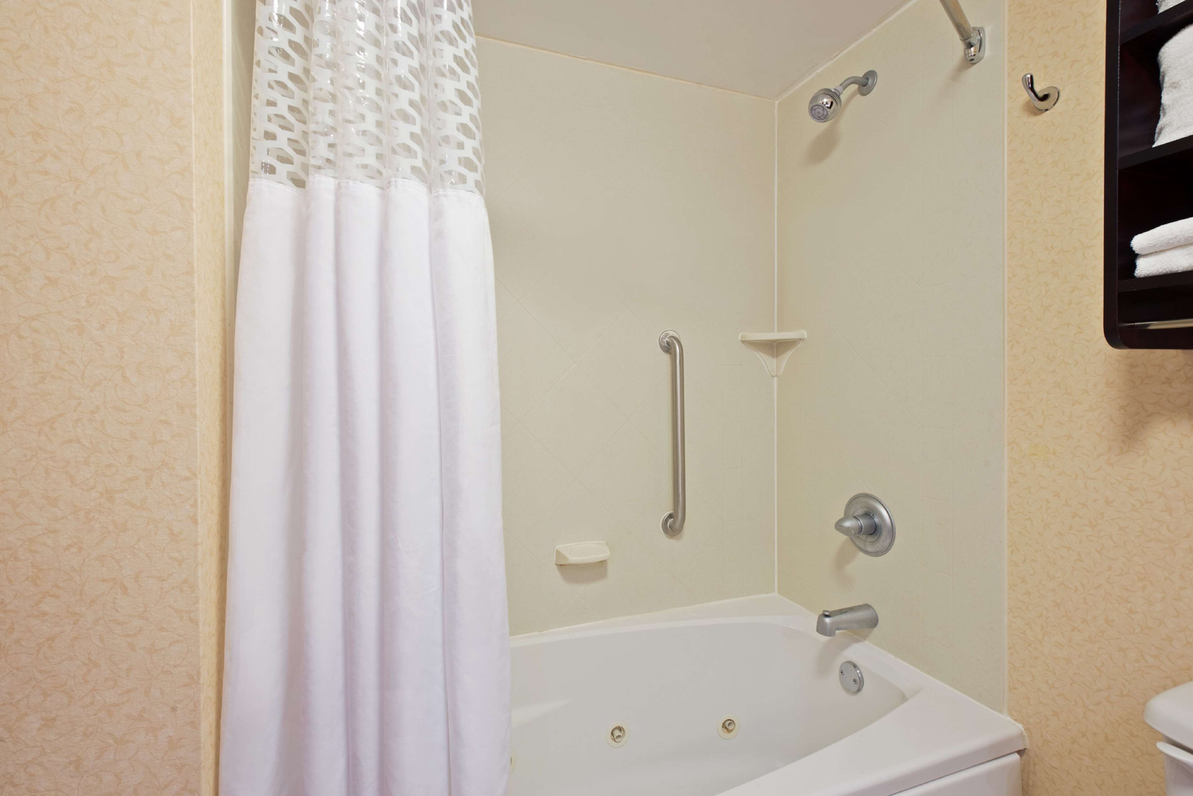 combined shower/bathtub, hair dryer, towels