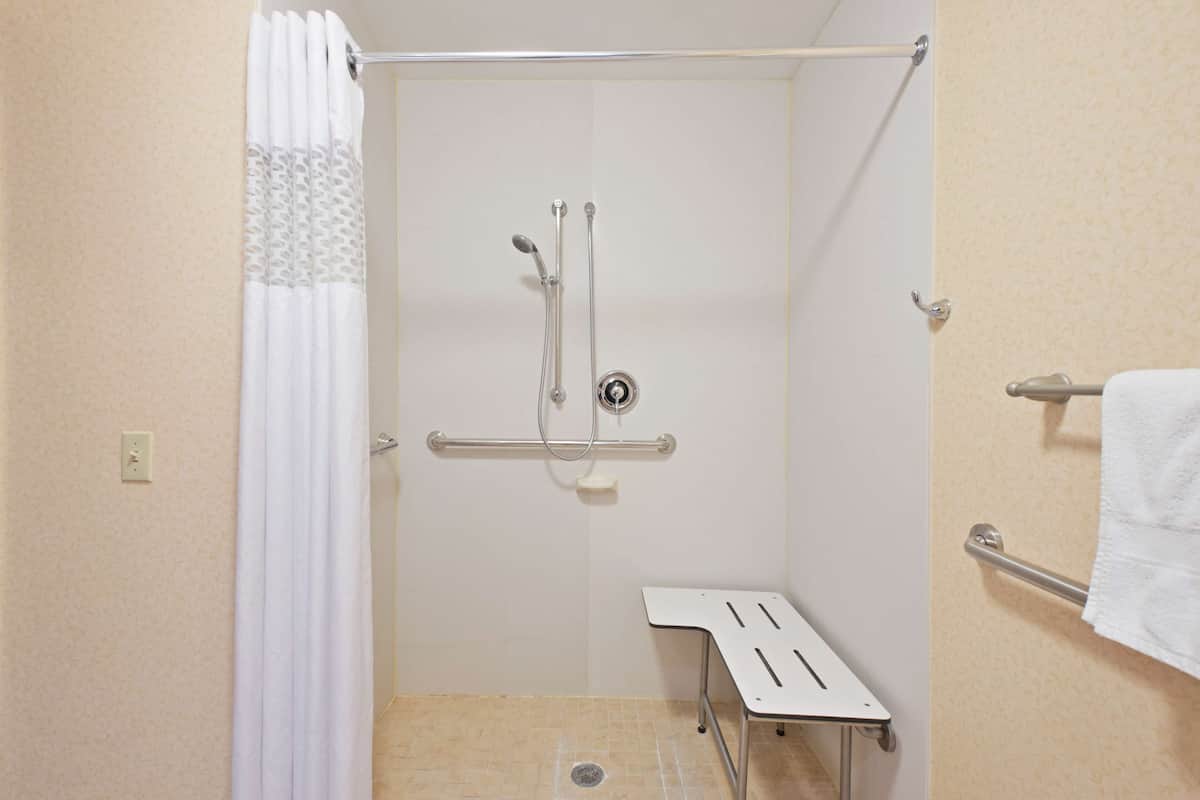 combined shower/bathtub, hair dryer, towels