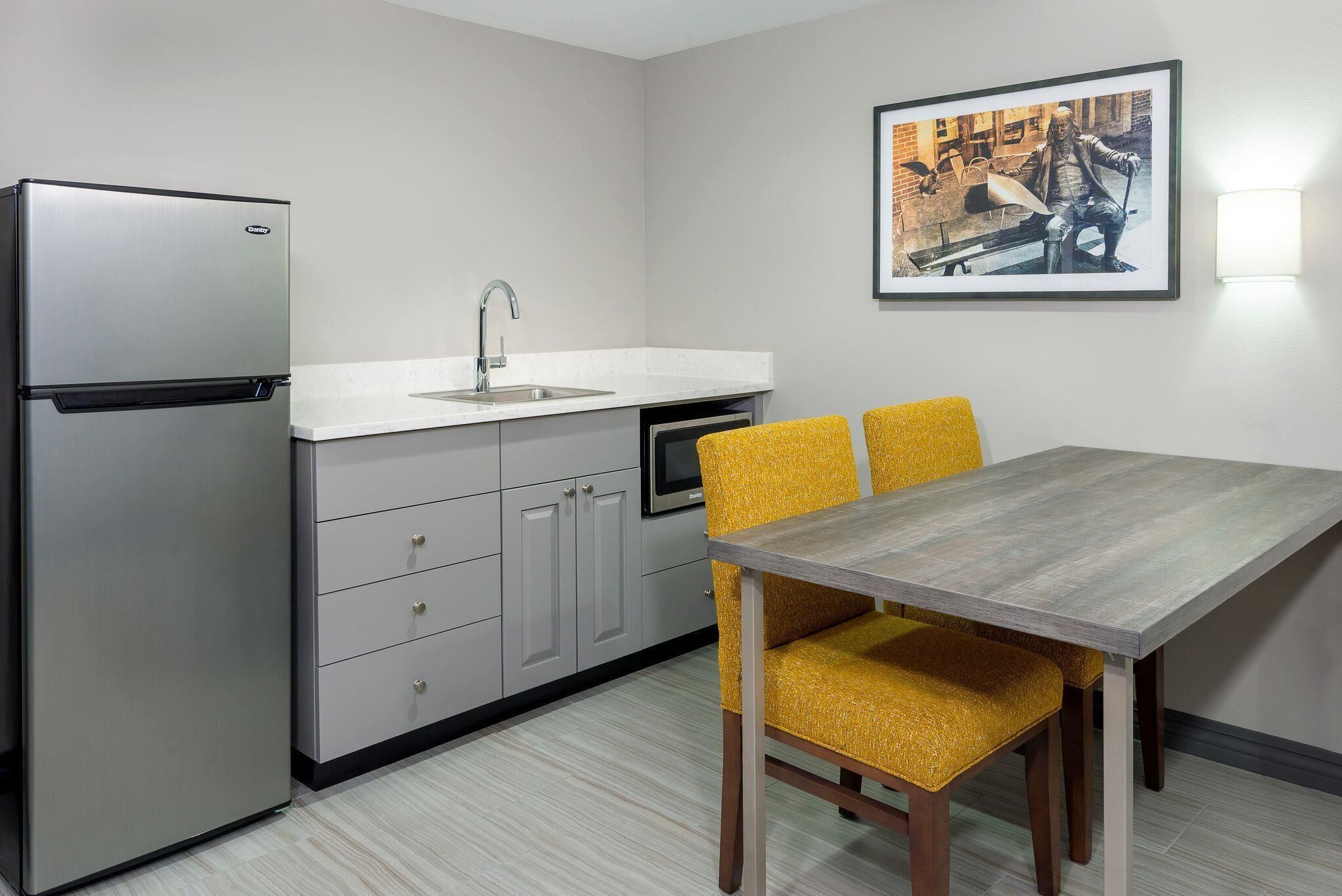 Modern One-Bedroom Two Queen Suite with Kitchenette | Private kitchen | Mini-fridge, microwave, coffee/tea maker