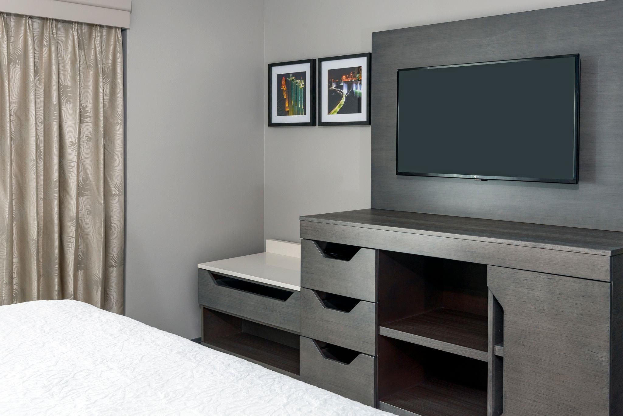 Un dormitorio con una cama, un televisor, un aparador y dos cuadros en la pared.