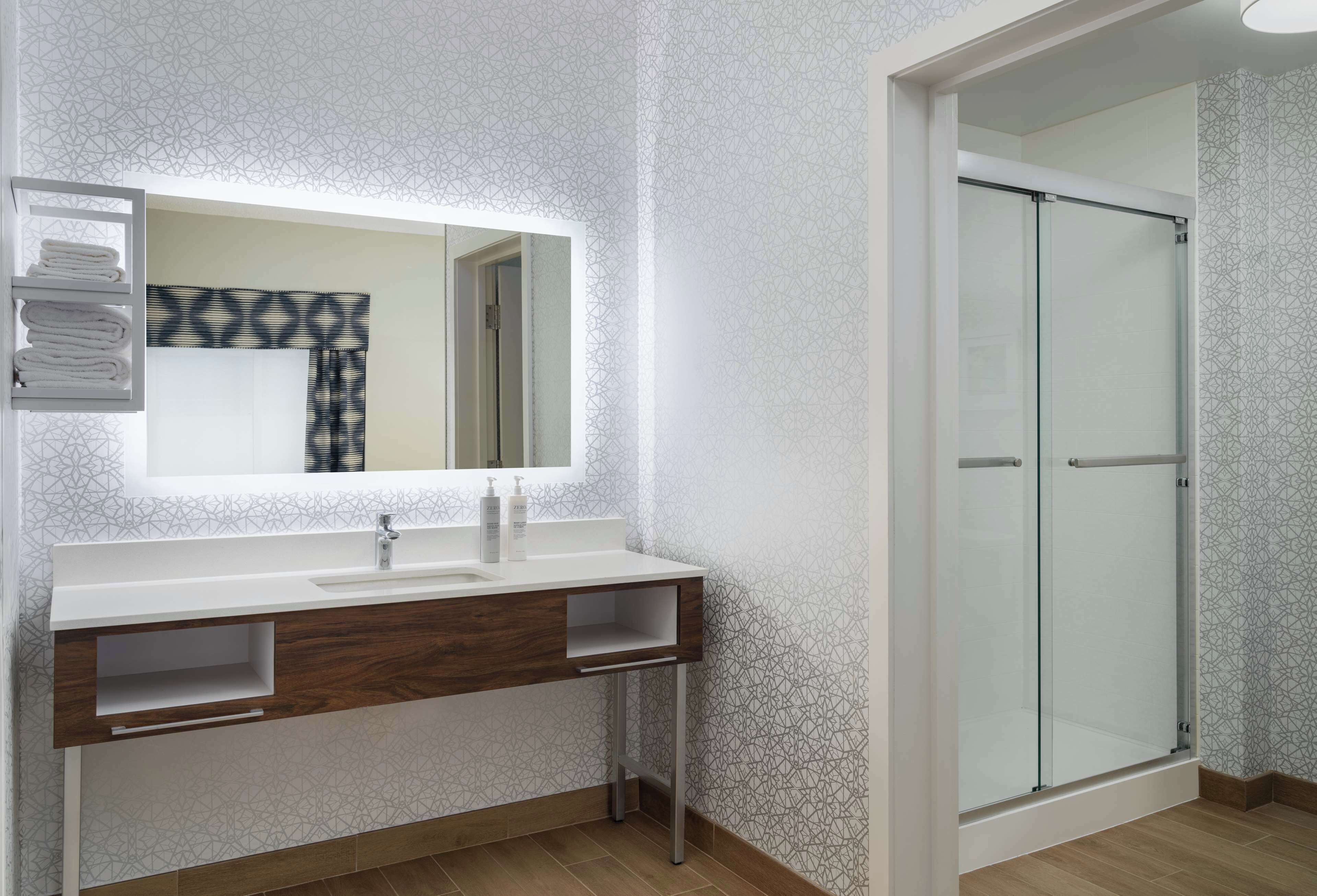 room, 1 king bed, refrigerator & microwave (wet bar) | bathroom shower