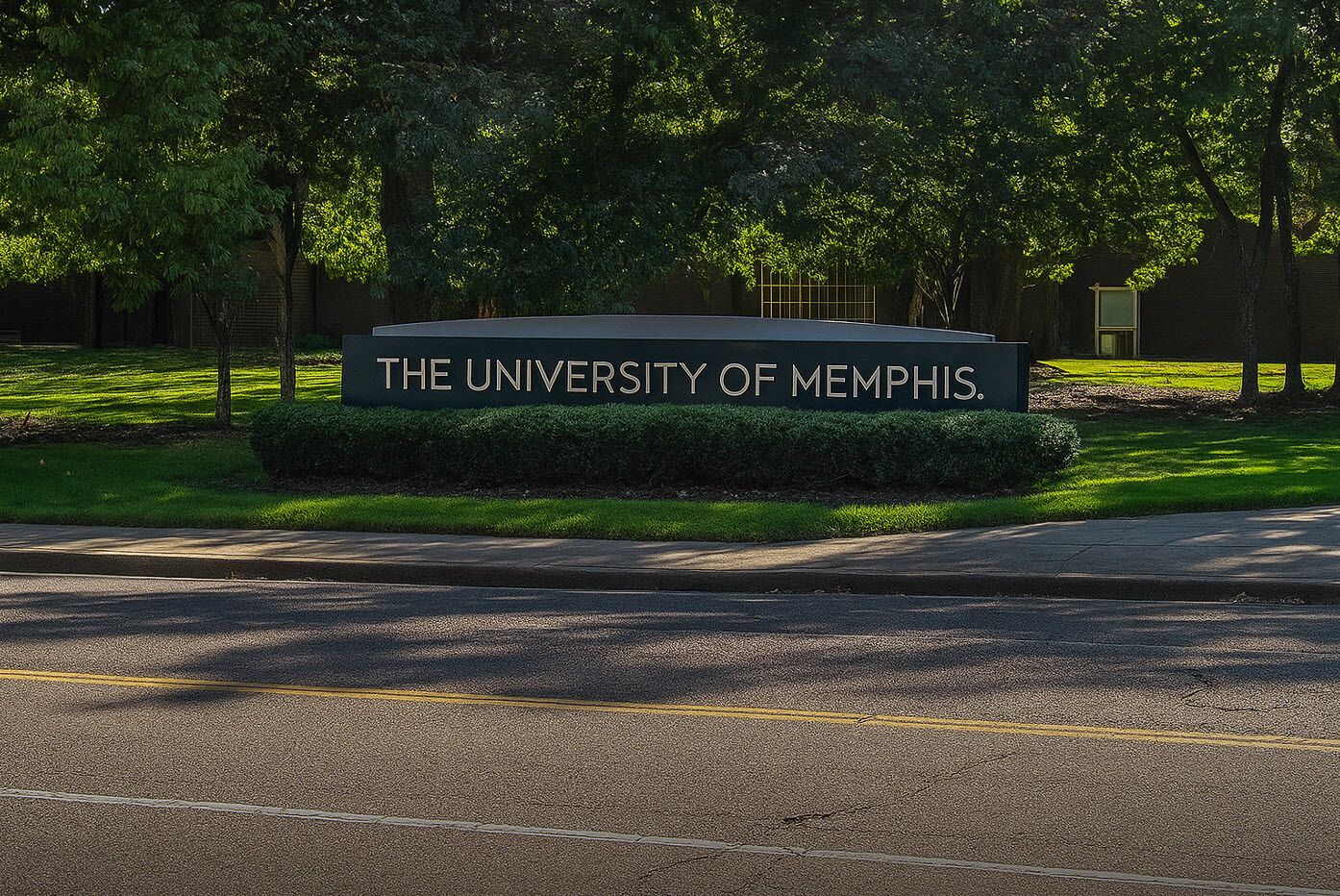 Ein Schild der University of Memphis mit einer klaren Straße davor.
