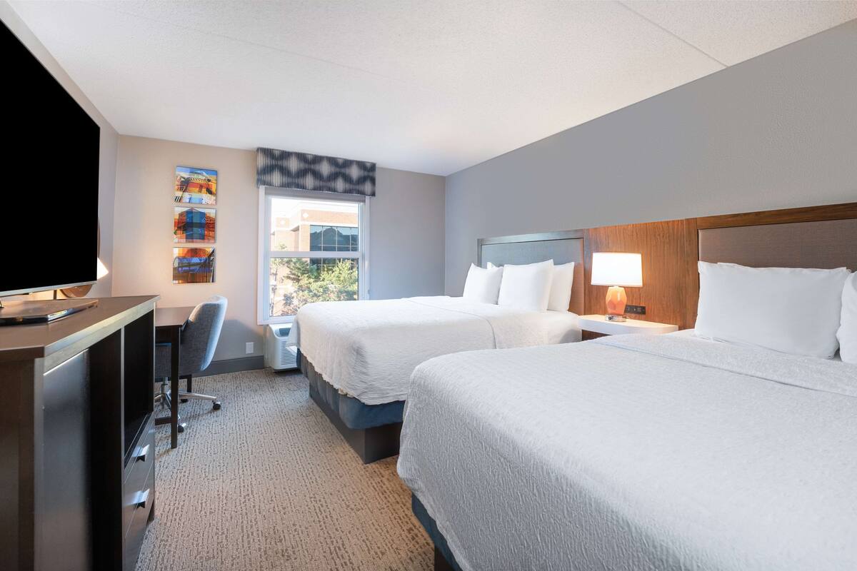 A hotel room with two beds, a desk, a chair, a television, and a window with a view of buildings.