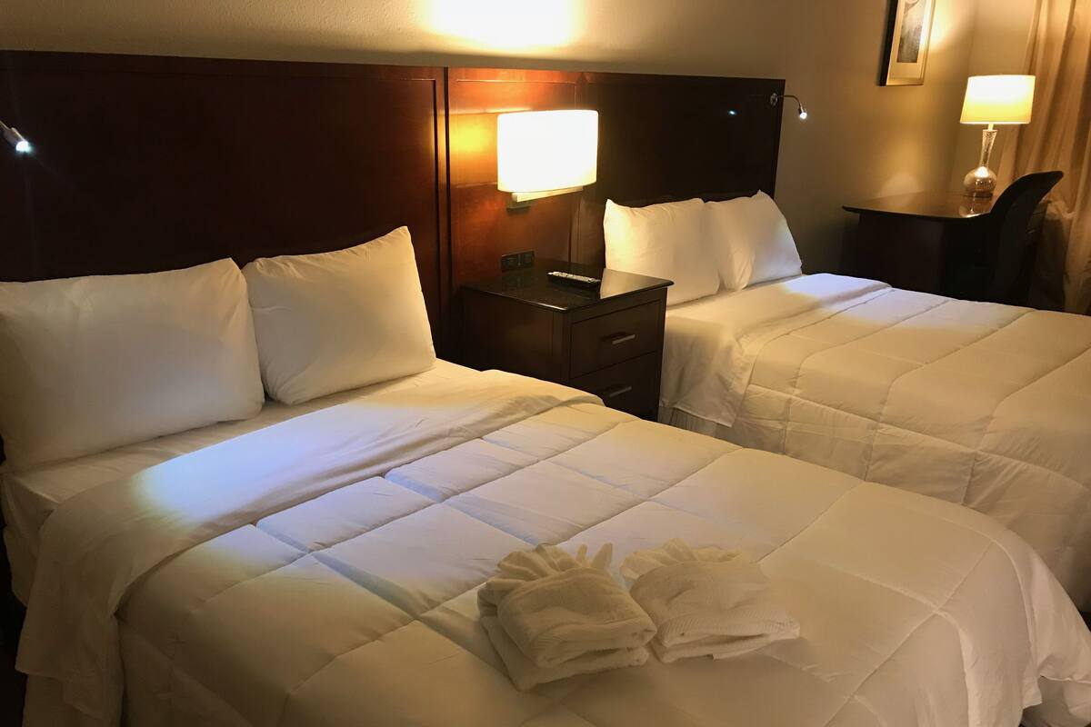A hotel room with two beds, each with white bedding and pillows, a nightstand with a lamp, and a chair.