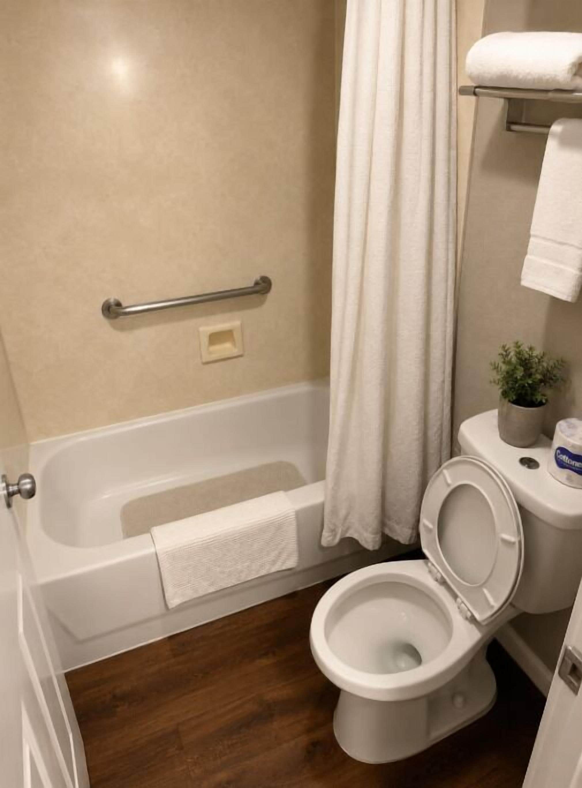 A bathroom with a bathtub, toilet, and shower curtain.