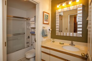 Un bagno con doccia, servizi igienici, lavandino e uno specchio grande.