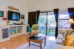 40-inch flat-screen TV with cable channels, TV