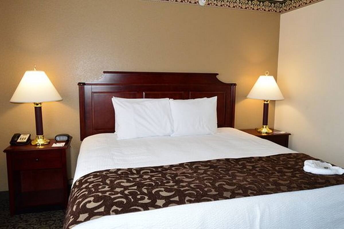 Quarto de hotel com uma cama grande, duas mesas de cabeceira com luminárias, um telefone e um cobertor estampado.